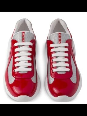 Prada Red and White Patent Leather Sneakers